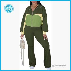 Color Block Tracksuit Set Long Sleeve Zip Up Crop Jacket Flare Pants Y2K